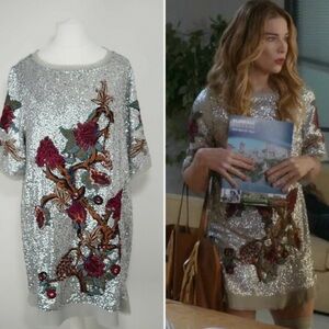 🩶Zara Silver Sequin L Floral Embroidered dress ASO Alexis Rose Schitts Creek